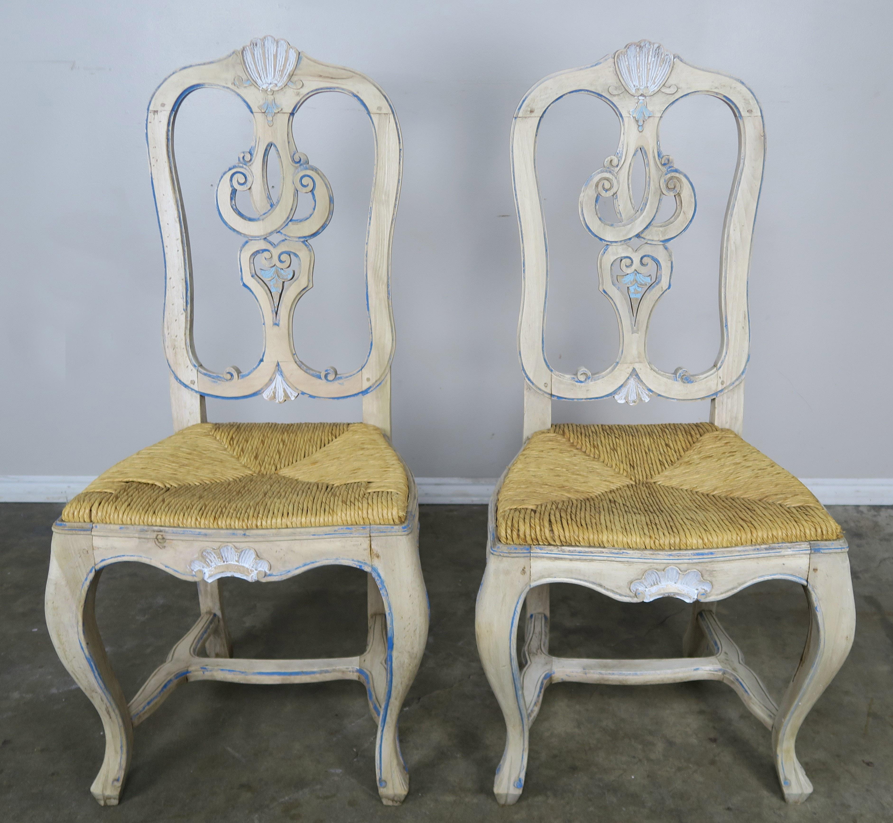 19th Century Set of Eight French Country Painted Dining Chairs with Rust Seats