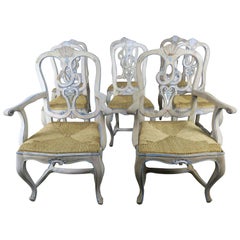 Set of Eight French Country Painted Dining Chairs with Rust Seats