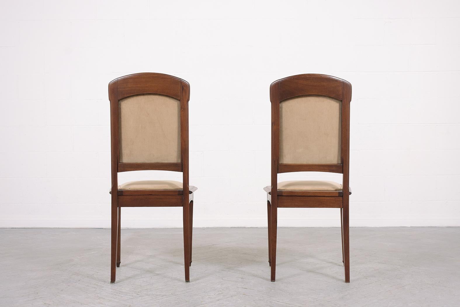 Restored Set of Eight Art Nouveau French Mahogany Dining Chairs in Tan Velvet For Sale 4