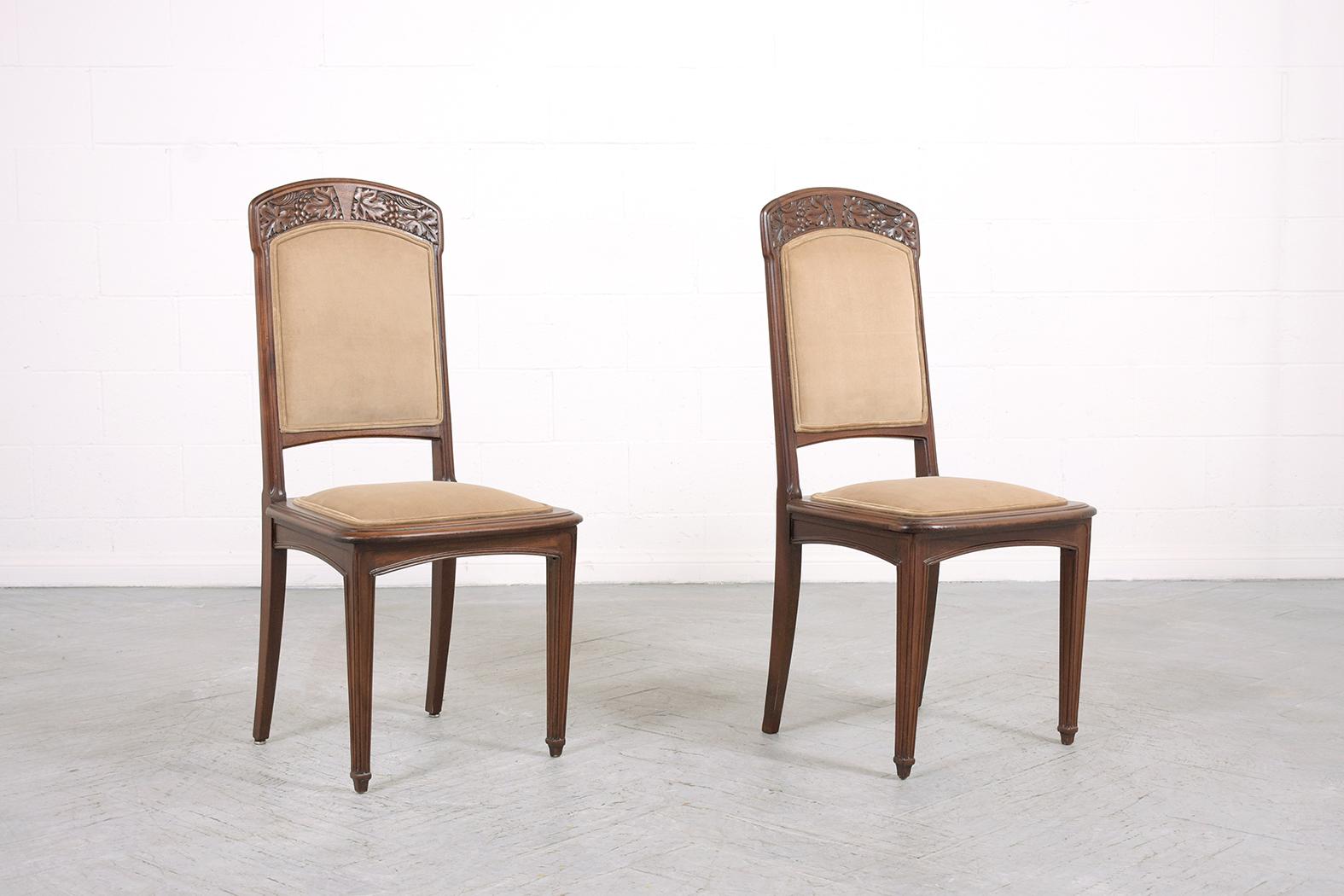 Lacquered Restored Set of Eight Art Nouveau French Mahogany Dining Chairs in Tan Velvet For Sale