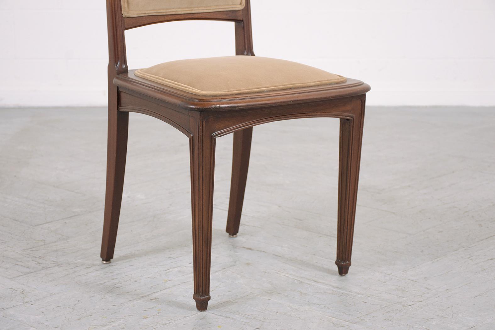 Early 20th Century Restored Set of Eight Art Nouveau French Mahogany Dining Chairs in Tan Velvet For Sale