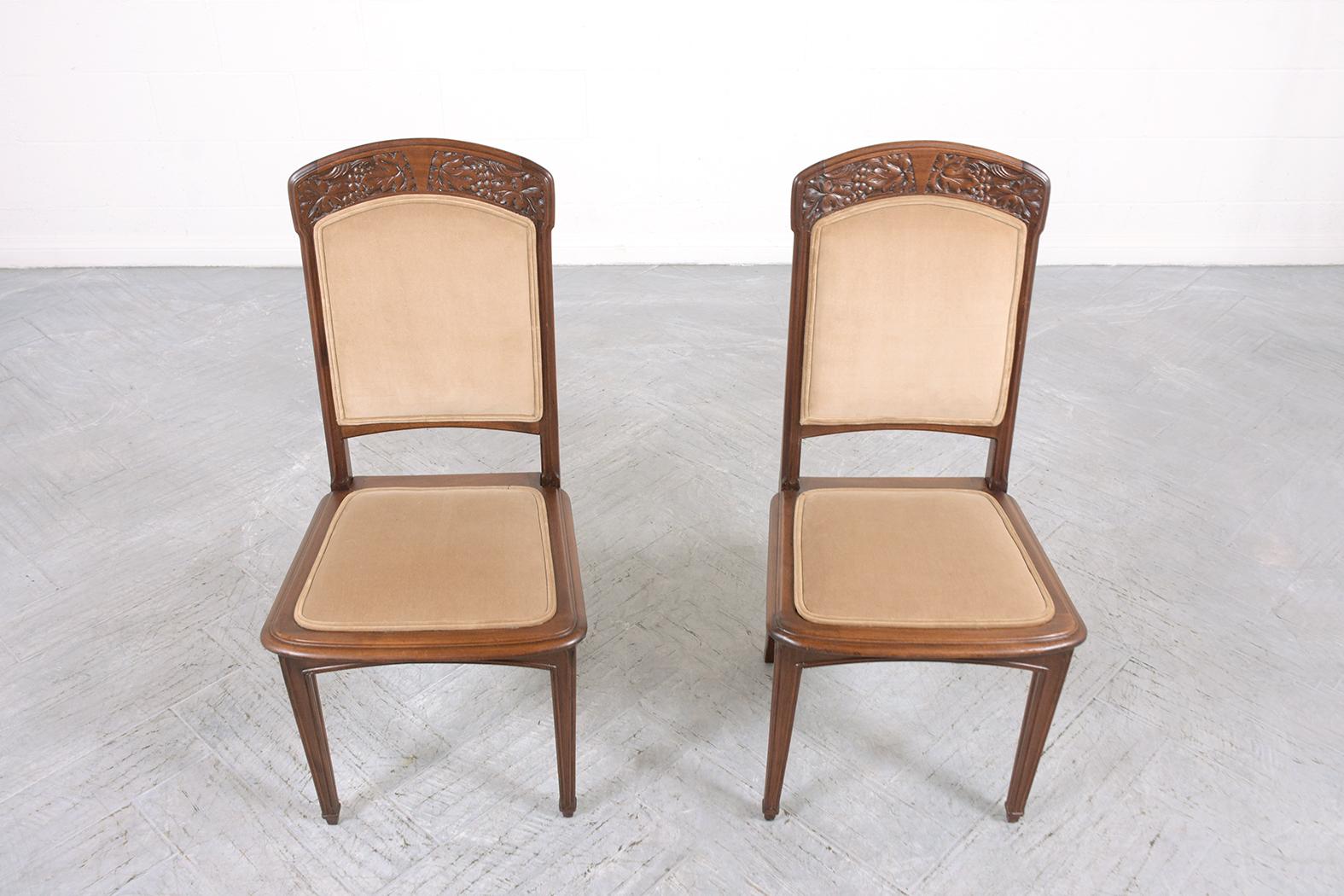 Upholstery Restored Set of Eight Art Nouveau French Mahogany Dining Chairs in Tan Velvet For Sale