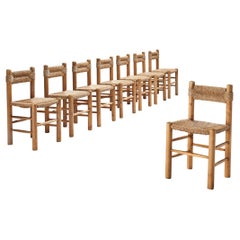 Set of Eight French Dining Chairs in Wood and Straw