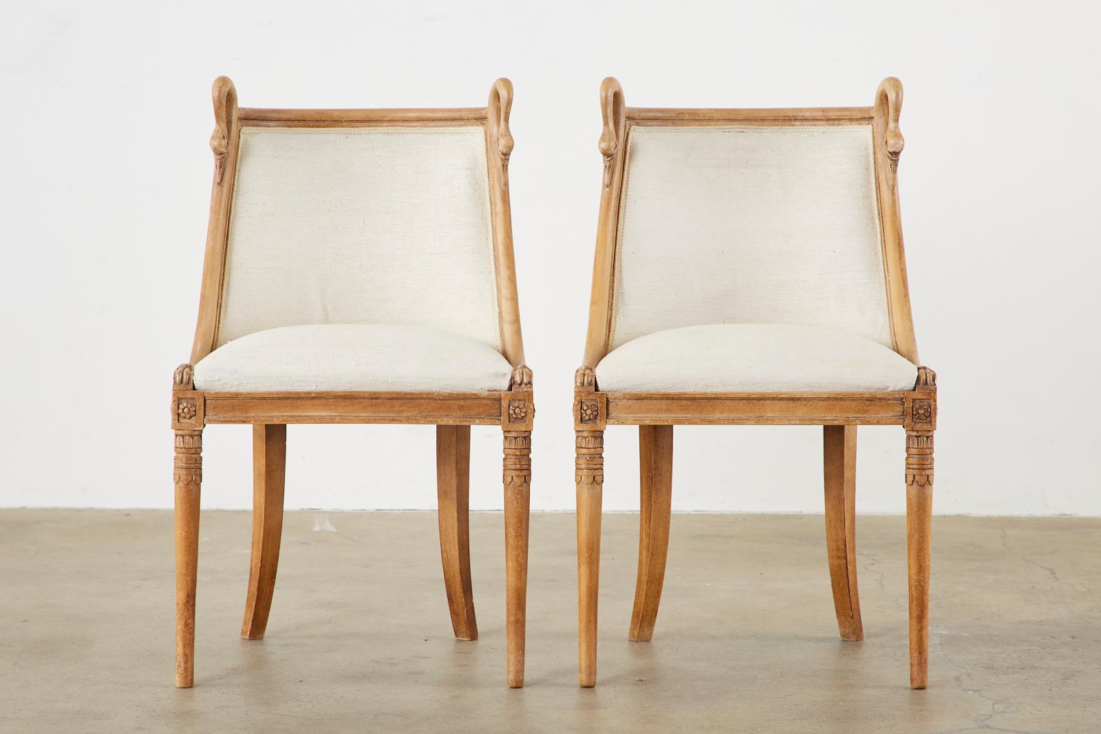 Linen Set of Eight French Empire Swan Neck Dining Chairs