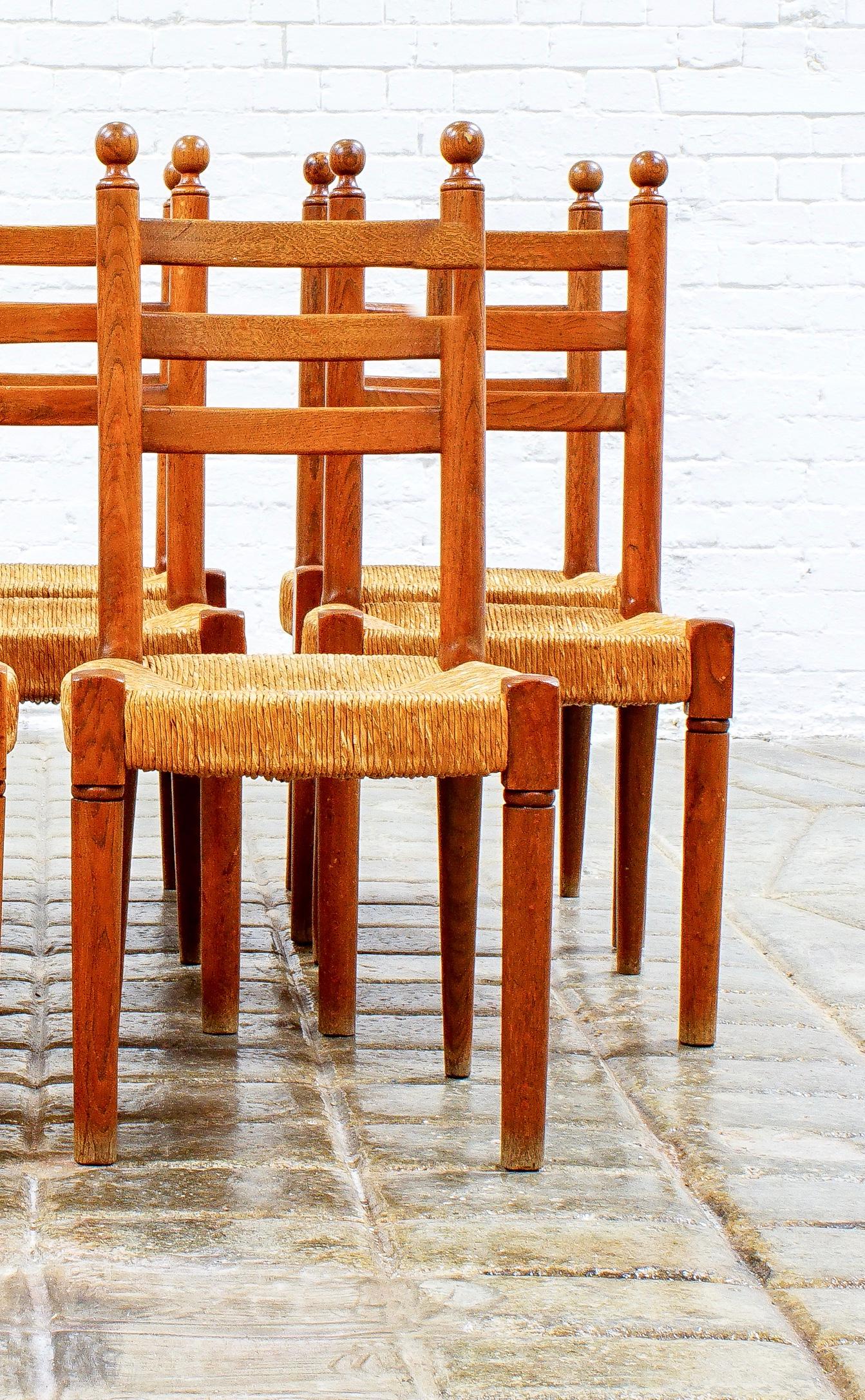 Mid-20th Century Set of Eight French Farmhouse Oak and Rush Seat Dining Chairs