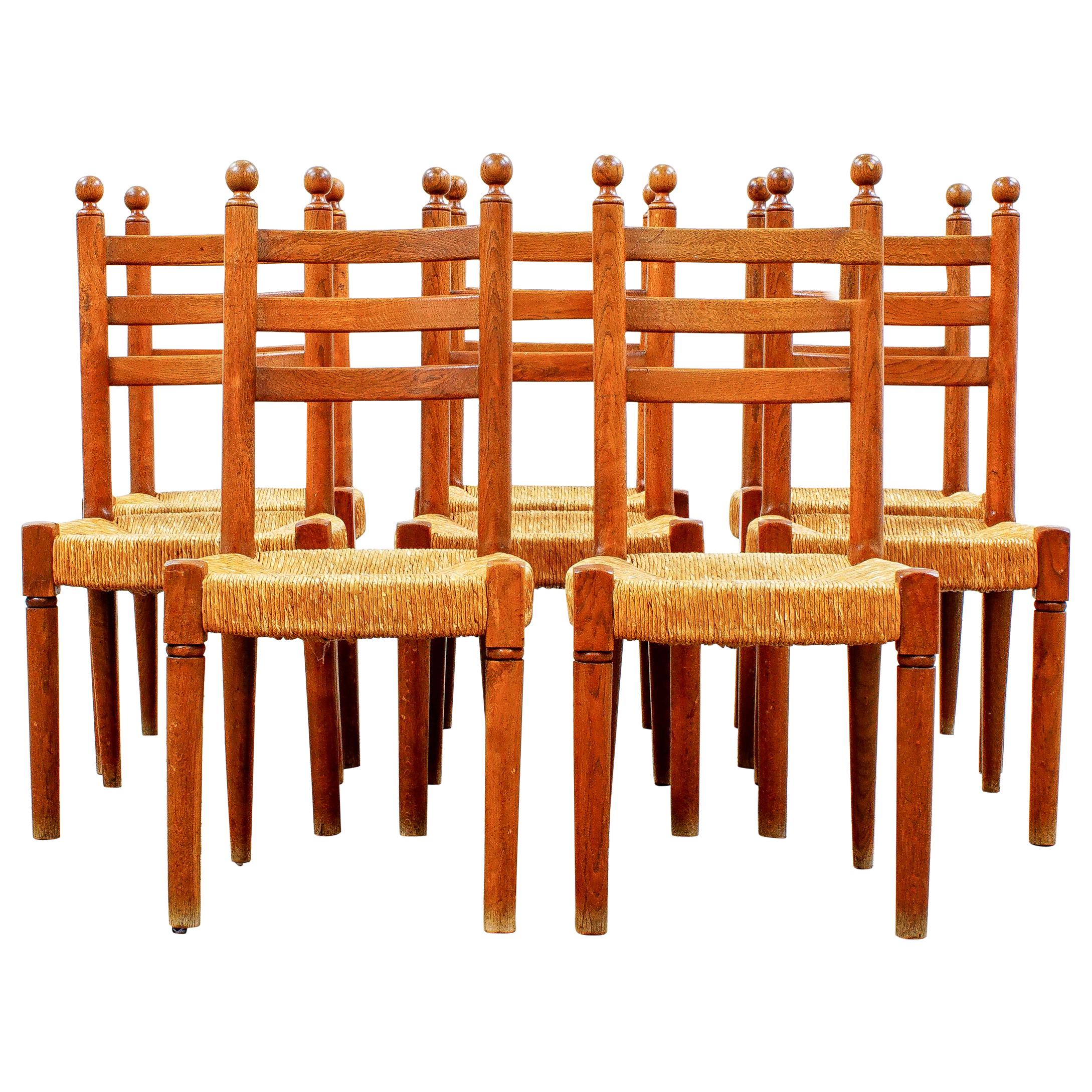 Set of Eight French Farmhouse Oak and Rush Seat Dining Chairs