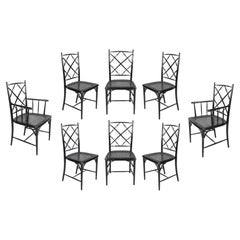 Set of Eight French Hollywood Regency Black Rattan Dining Chairs in Jansen Style