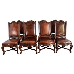 Antique Set of Eight French Leather Dining Chairs C. 1940's
