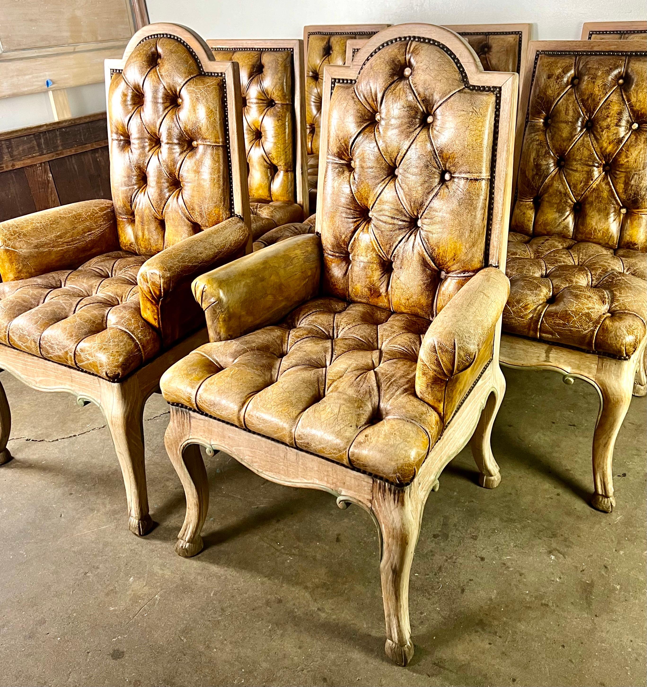 French Provincial Set of Eight French Leather Tufted Dining Chairs C. 1940 For Sale