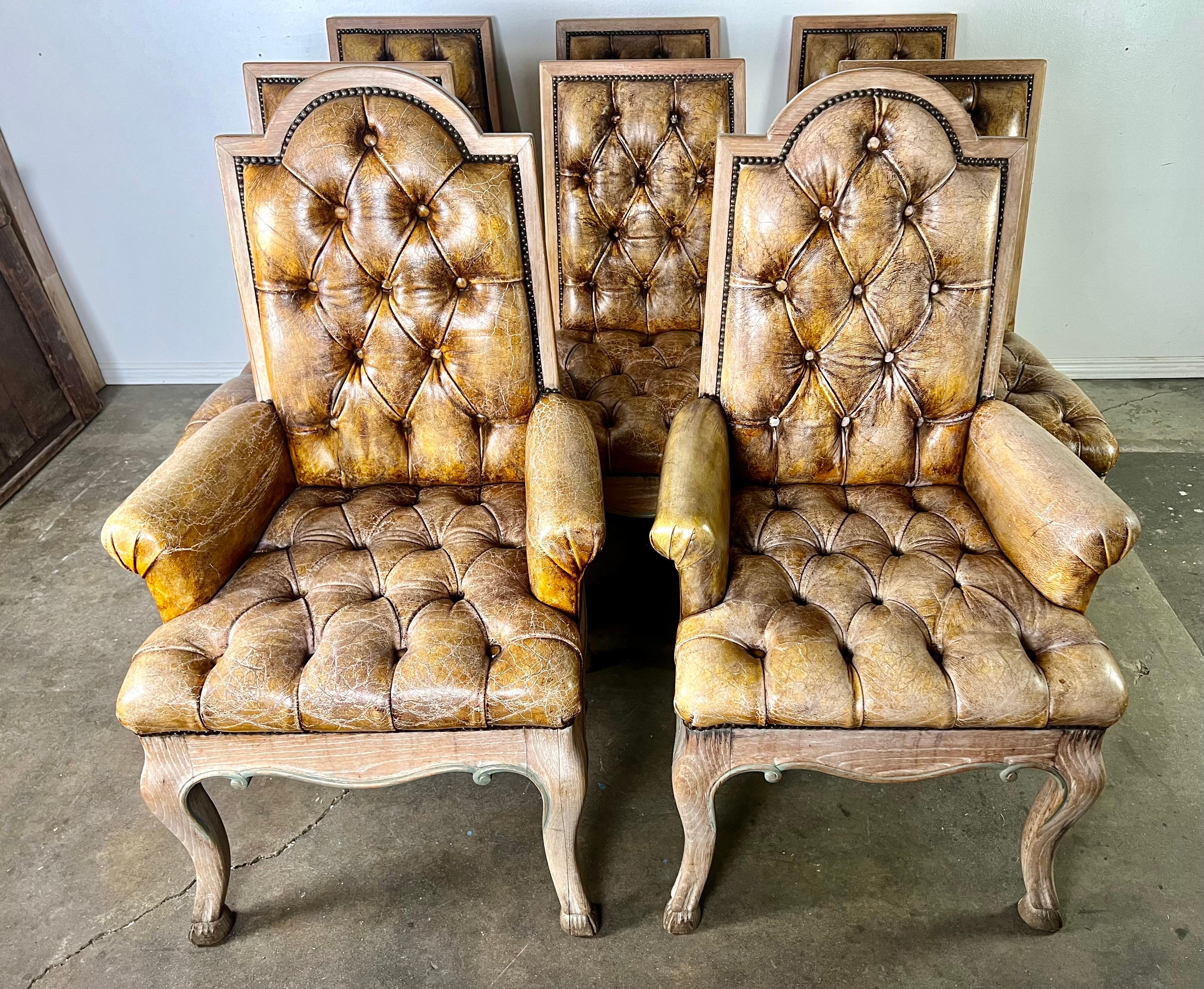 Set of Eight French Leather Tufted Dining Chairs C. 1940 For Sale 2