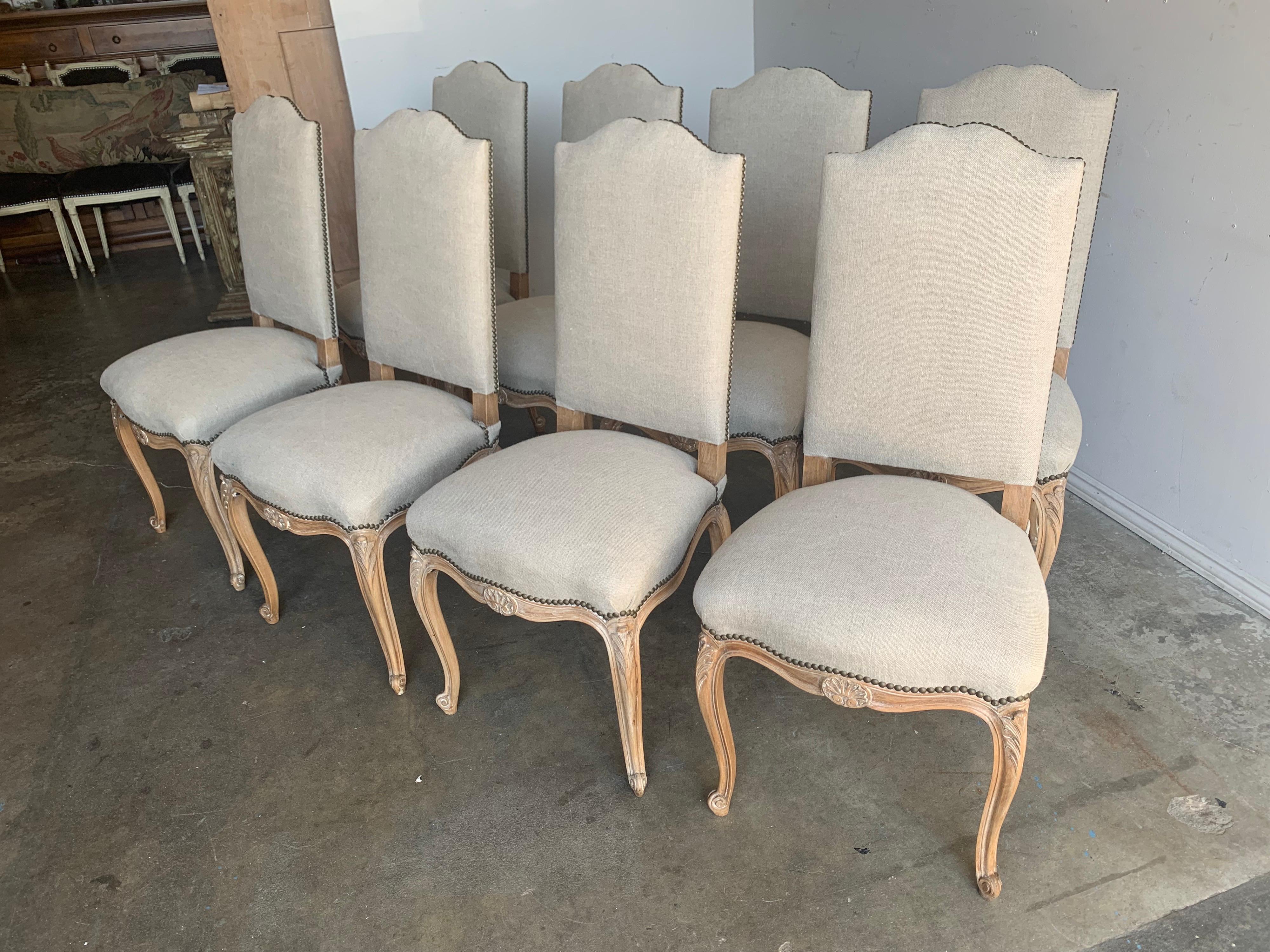 Louis XV Set of Eight French Linen Dining Chairs
