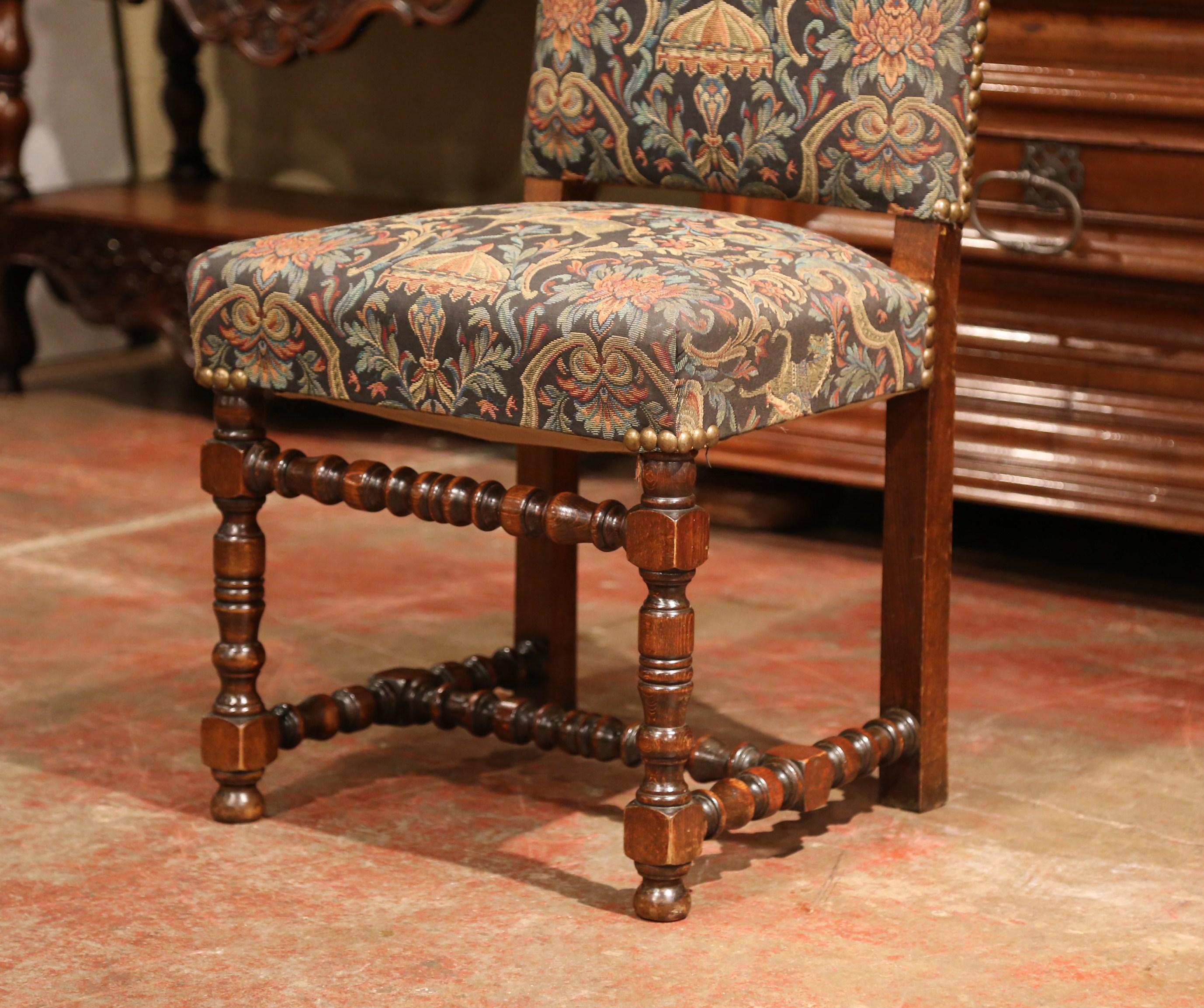 Hand-Carved Suite of Eight French Louis XIII Carved Walnut and Tapestry Dining Room Chairs