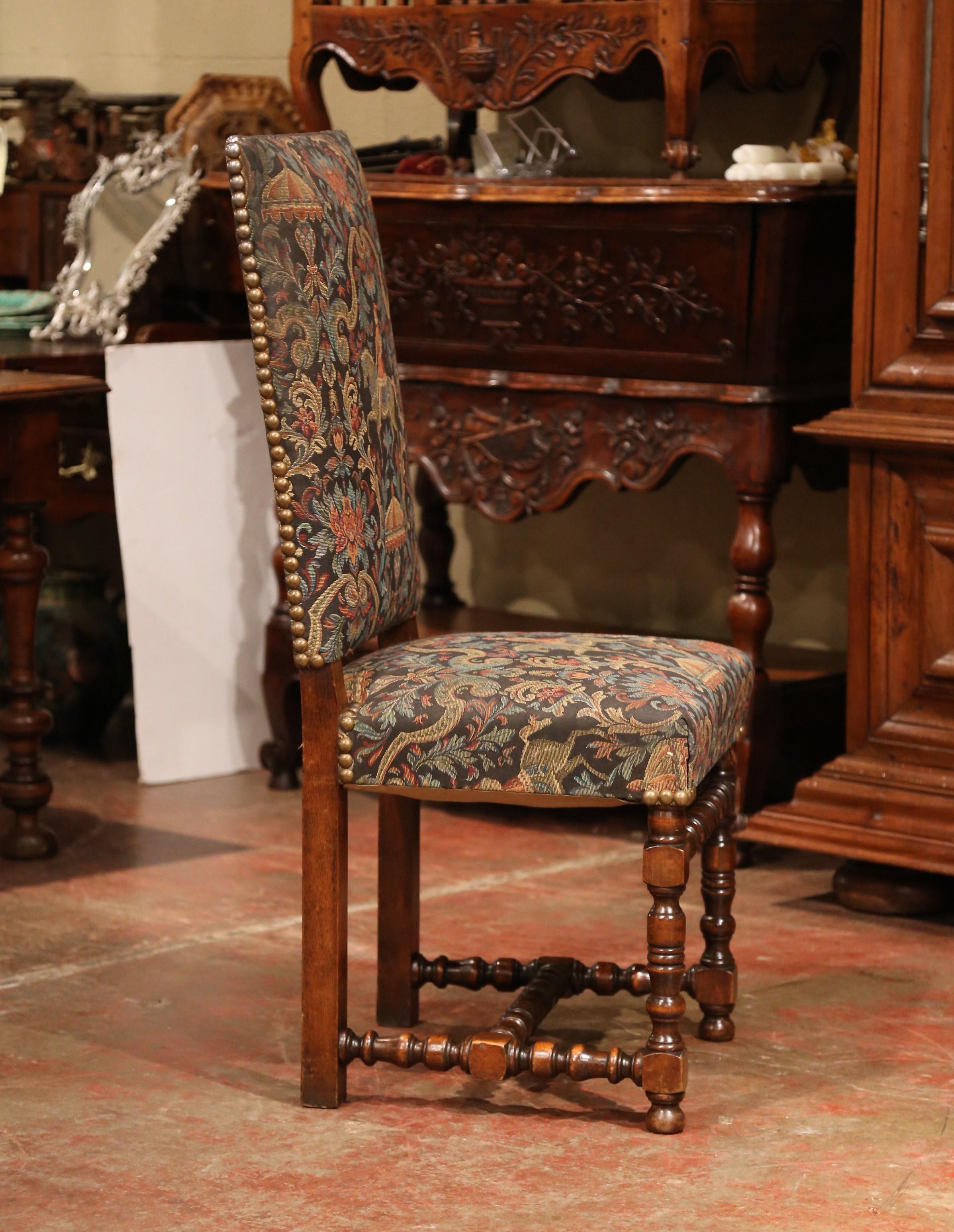 Suite of Eight French Louis XIII Carved Walnut and Tapestry Dining Room Chairs In Excellent Condition In Dallas, TX