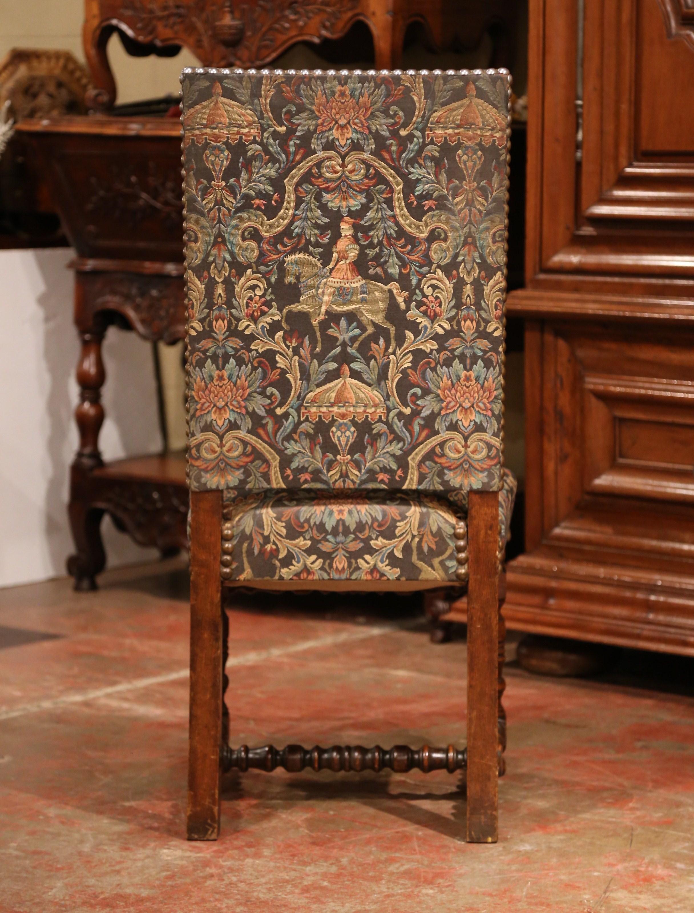 Suite of Eight French Louis XIII Carved Walnut and Tapestry Dining Room Chairs 3