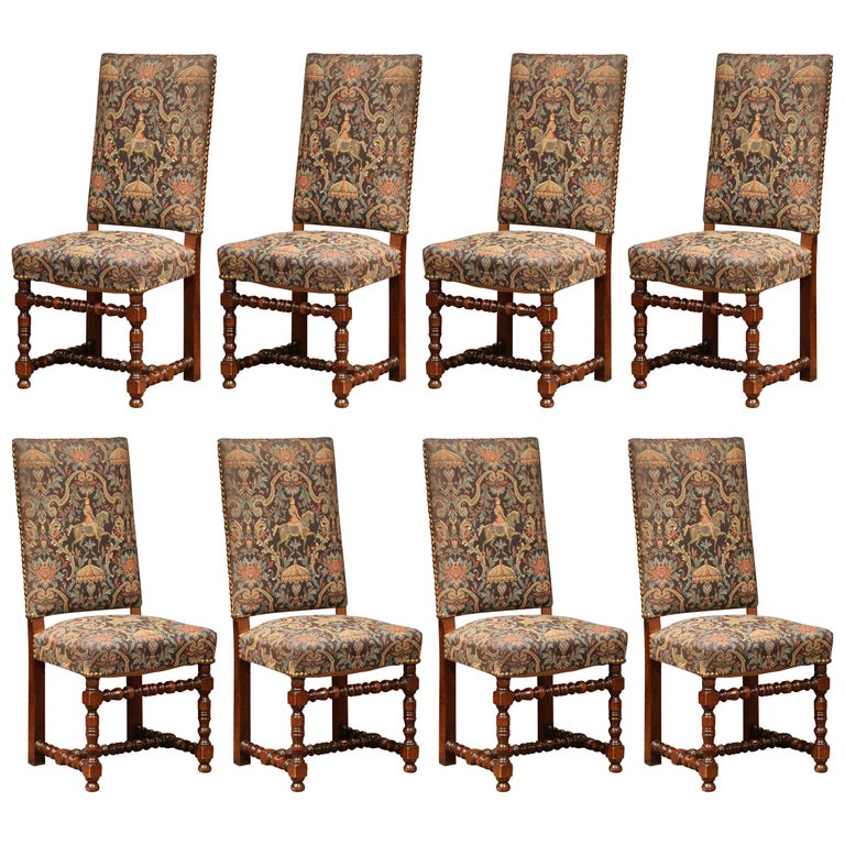 Set Of Eight French Louis Xiii Carved Walnut Dining Chairs With Set Of Eight French Louis Xiii Carved Walnut Dining Chairs With Tapestry For