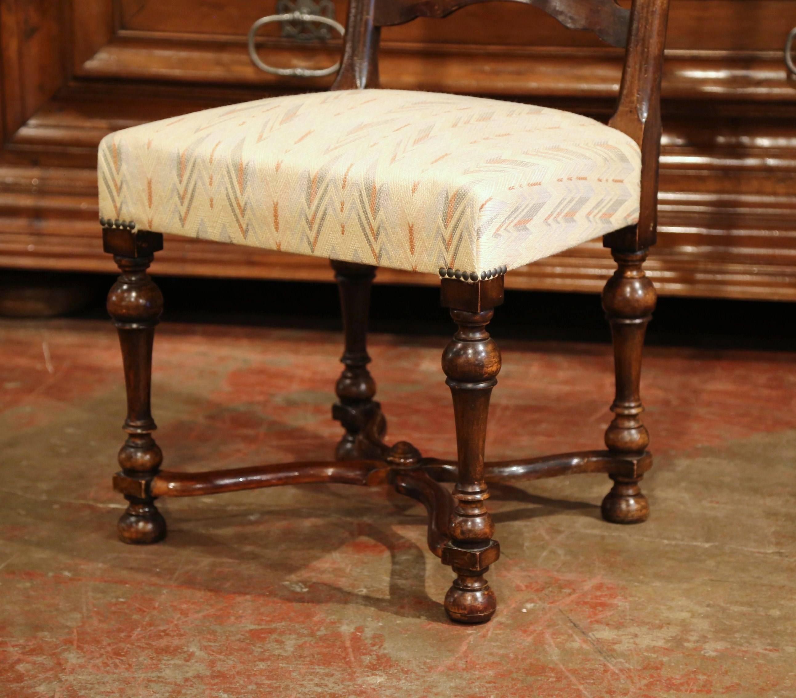 Hand-Carved Set of Eight French Louis XIII Carved Walnut Ladder Back Chairs with Seat Fabric