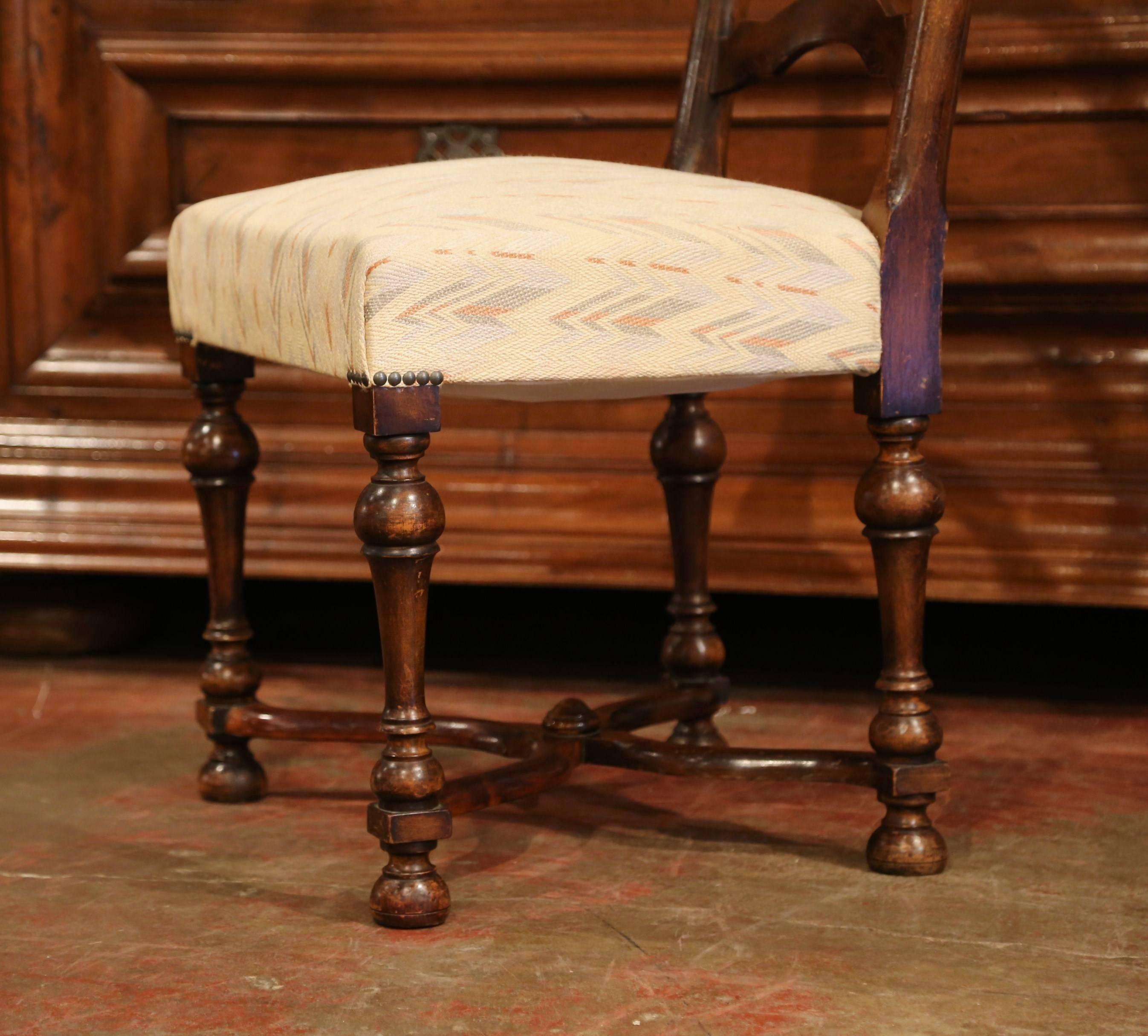 20th Century Set of Eight French Louis XIII Carved Walnut Ladder Back Chairs with Seat Fabric