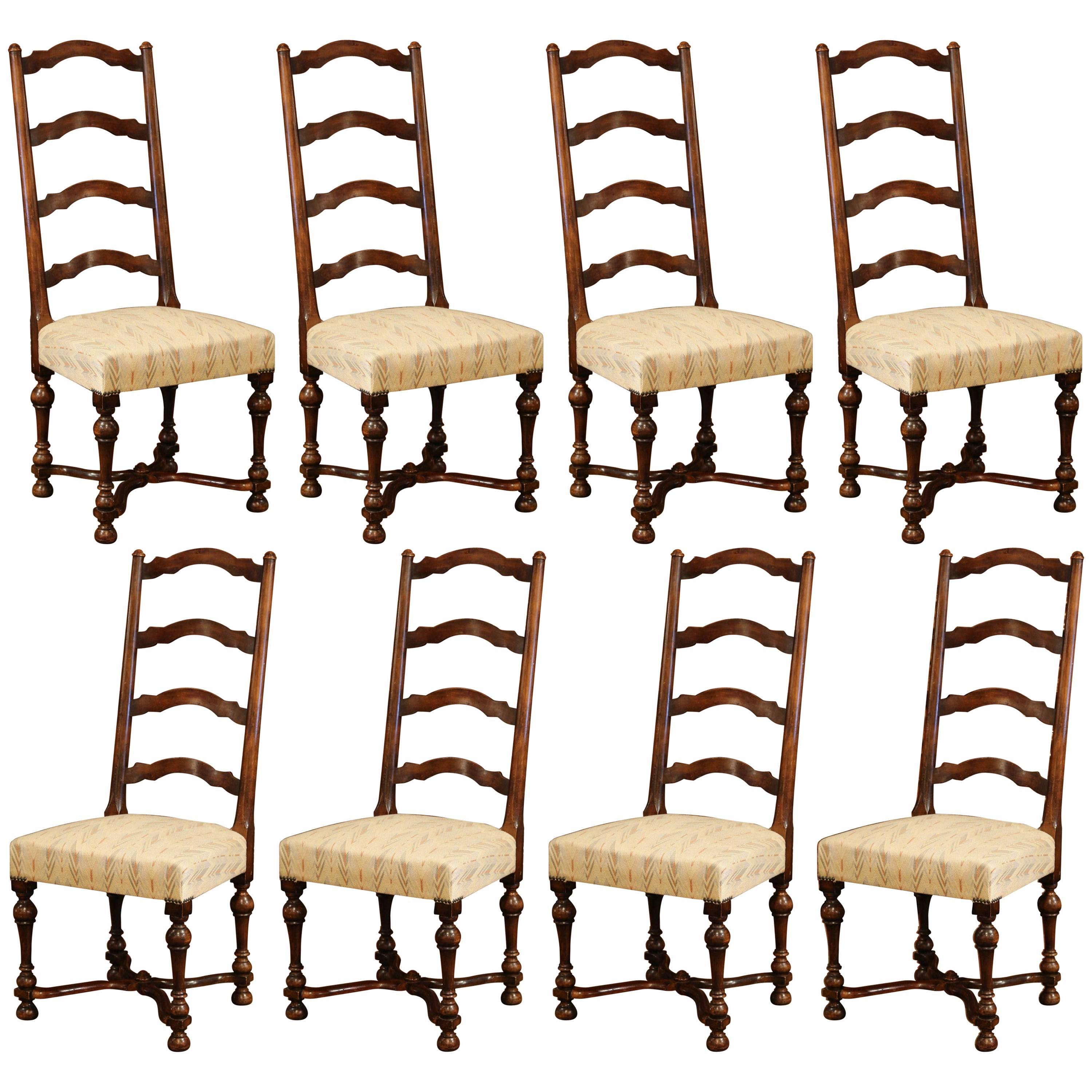 Set of Eight French Louis XIII Carved Walnut Ladder Back Chairs with Seat Fabric