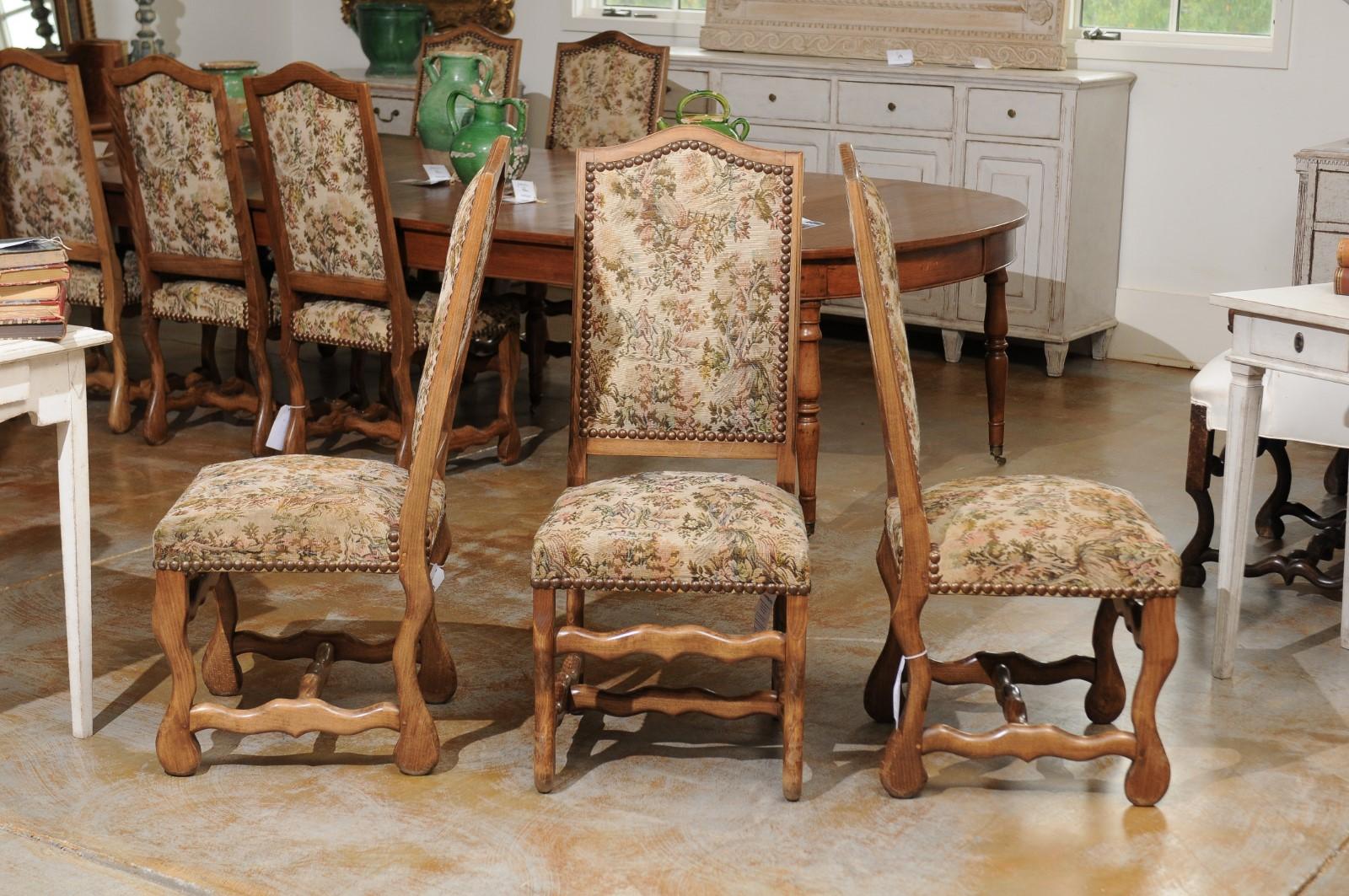 19th Century Set of Eight French Louis XIII Style Os de Mouton Dining Chairs with Tapestry