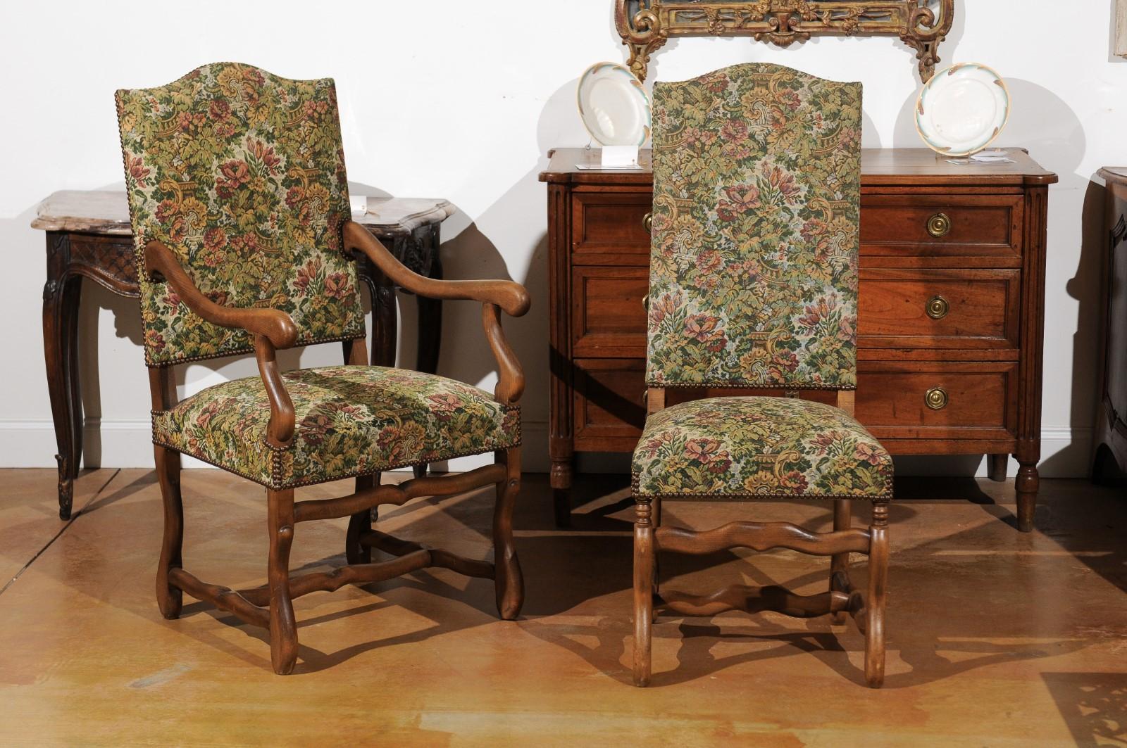 Set of Eight French Louis XIII Style Os de Mouton Dining Chairs with Upholstery In Good Condition In Atlanta, GA