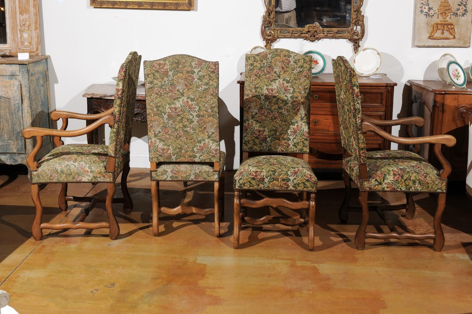 Set of Eight French Louis XIII Style Os de Mouton Dining Chairs with Upholstery 1