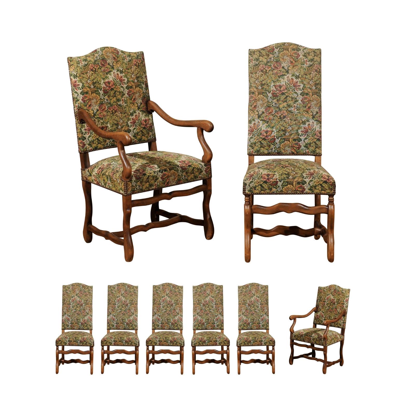 Set of Eight French Louis XIII Style Os de Mouton Dining Chairs with Upholstery