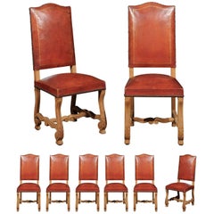 Set of Eight French Louis XIII Style Os De Mouton Leather Dining Chairs, 1900s