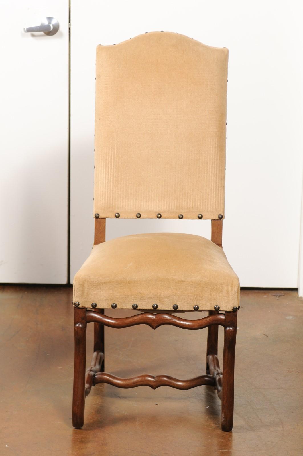 Set of Eight French Louis XIII Style Os de Mouton, Velvet Covered Dining Chairs In Good Condition In Atlanta, GA