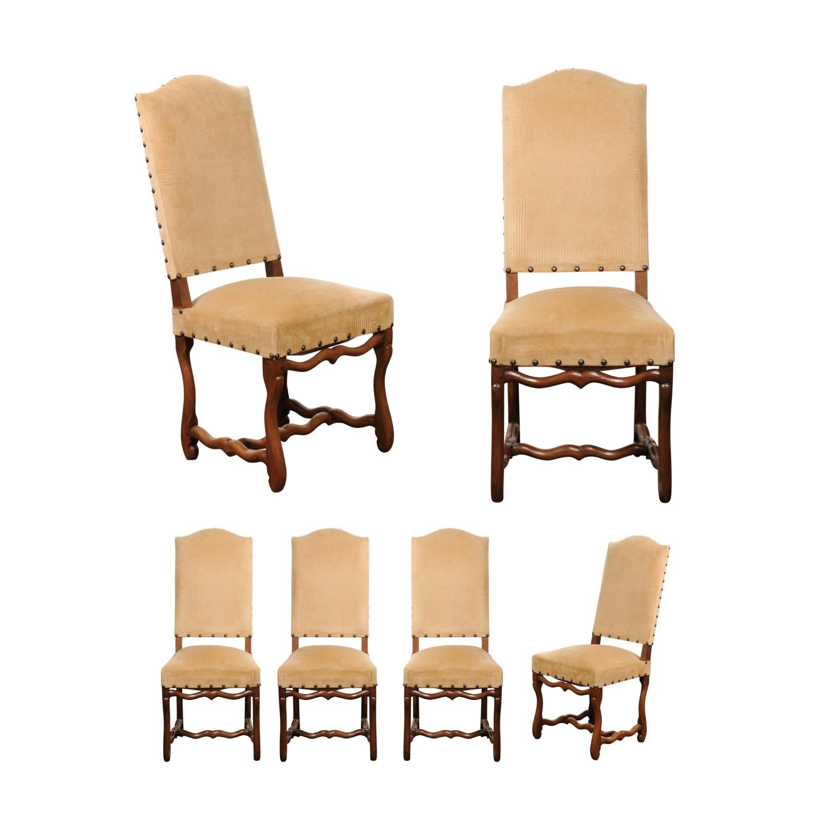 Set of Eight French Louis XIII Style Os de Mouton, Velvet Covered Dining Chairs