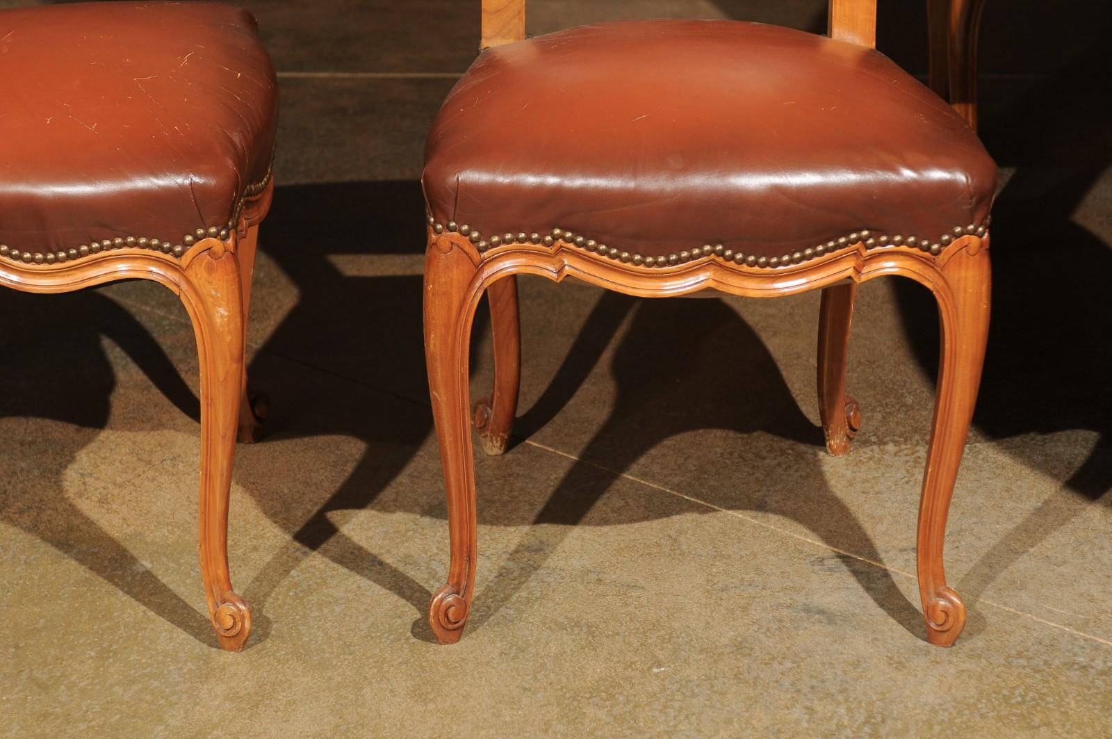 Set of Eight French Louis XV Style 19th Century Walnut and Leather Dining Chairs In Fair Condition In Atlanta, GA