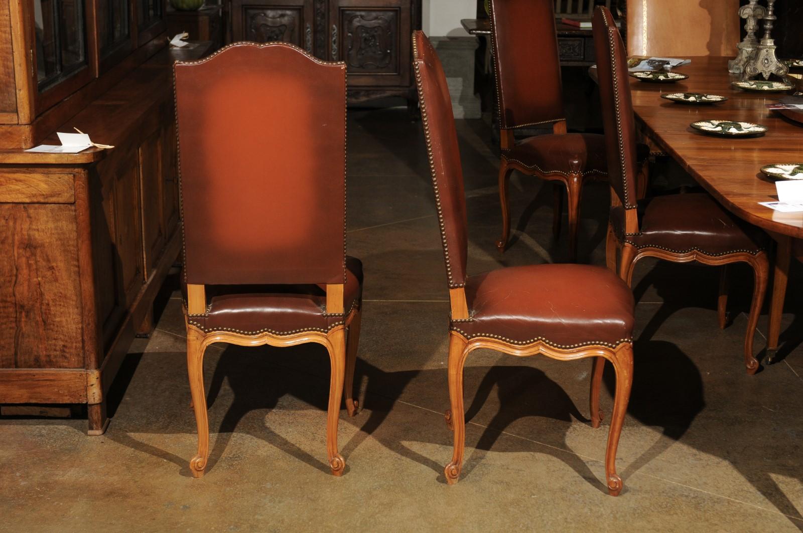 Set of Eight French Louis XV Style 19th Century Walnut and Leather Dining Chairs 1