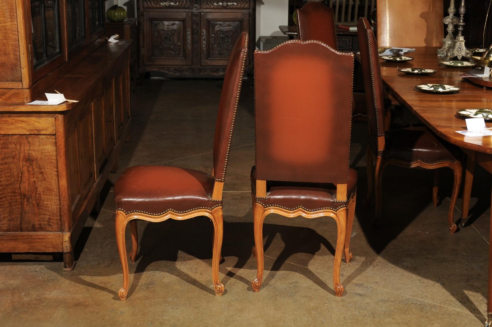 Set of Eight French Louis XV Style 19th Century Walnut and Leather Dining Chairs 2