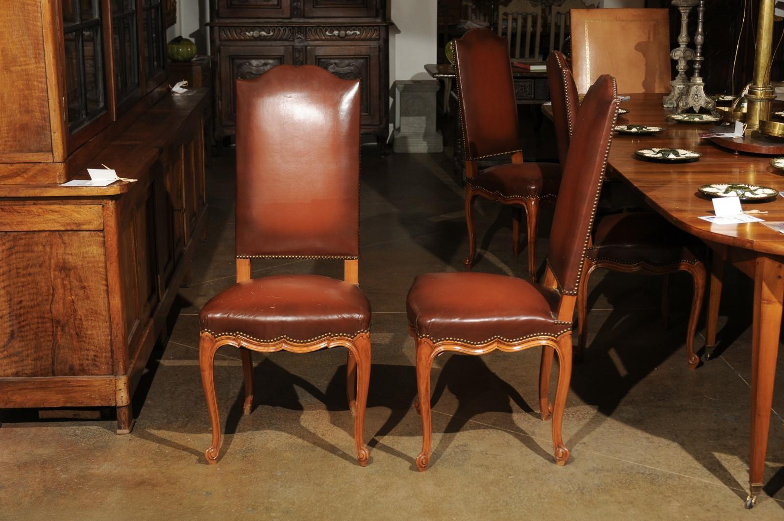 Set of Eight French Louis XV Style 19th Century Walnut and Leather Dining Chairs 3