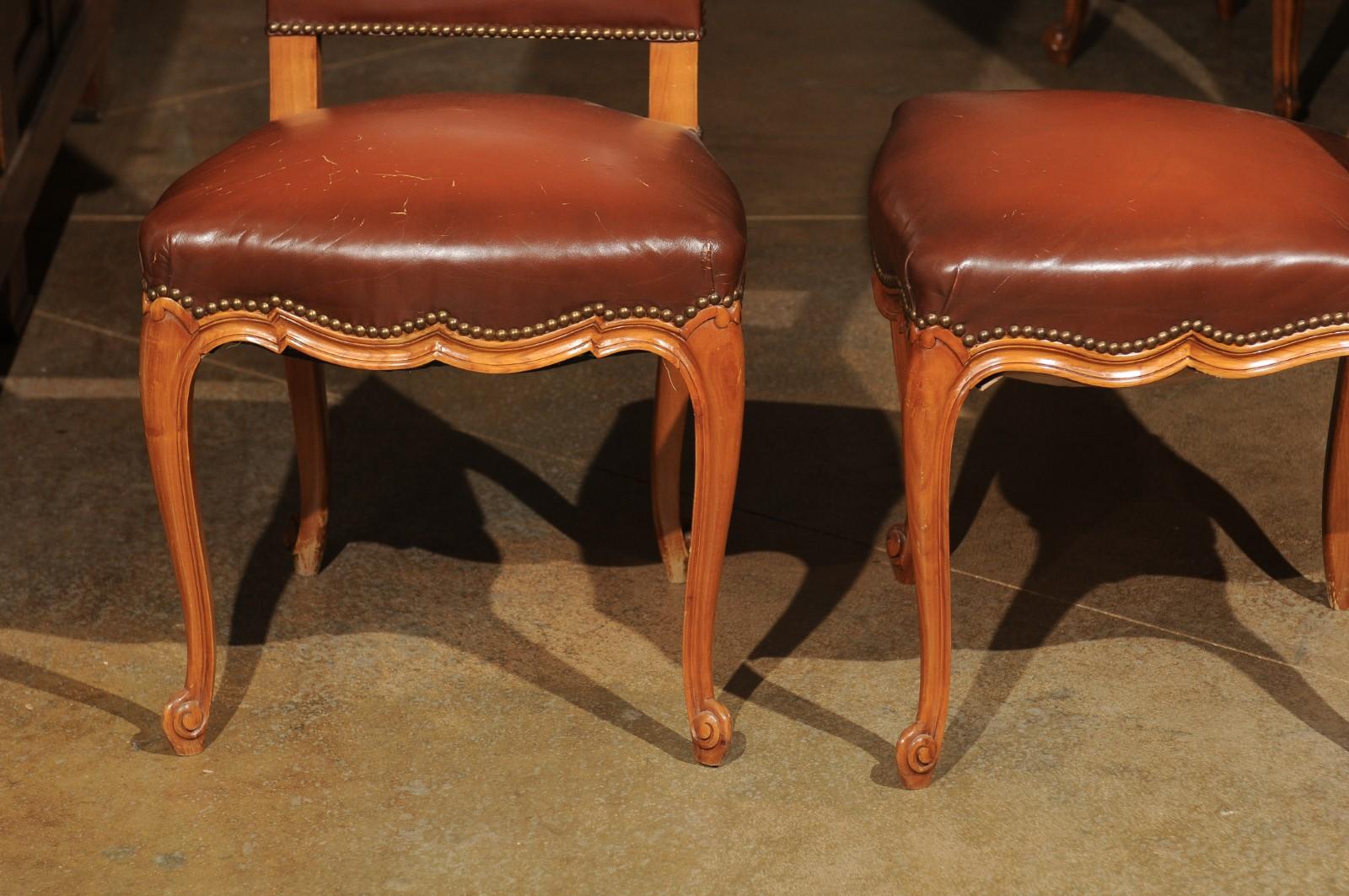 Set of Eight French Louis XV Style 19th Century Walnut and Leather Dining Chairs 4
