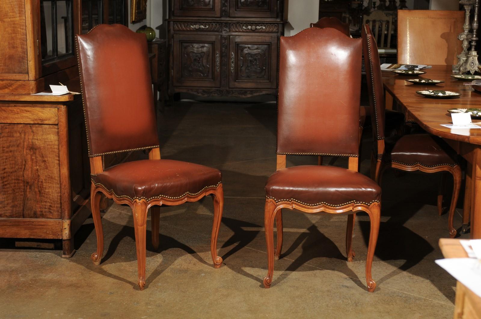 Set of Eight French Louis XV Style 19th Century Walnut and Leather Dining Chairs 5