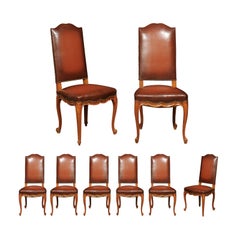 Set of Eight French Louis XV Style 19th Century Walnut and Leather Dining Chairs