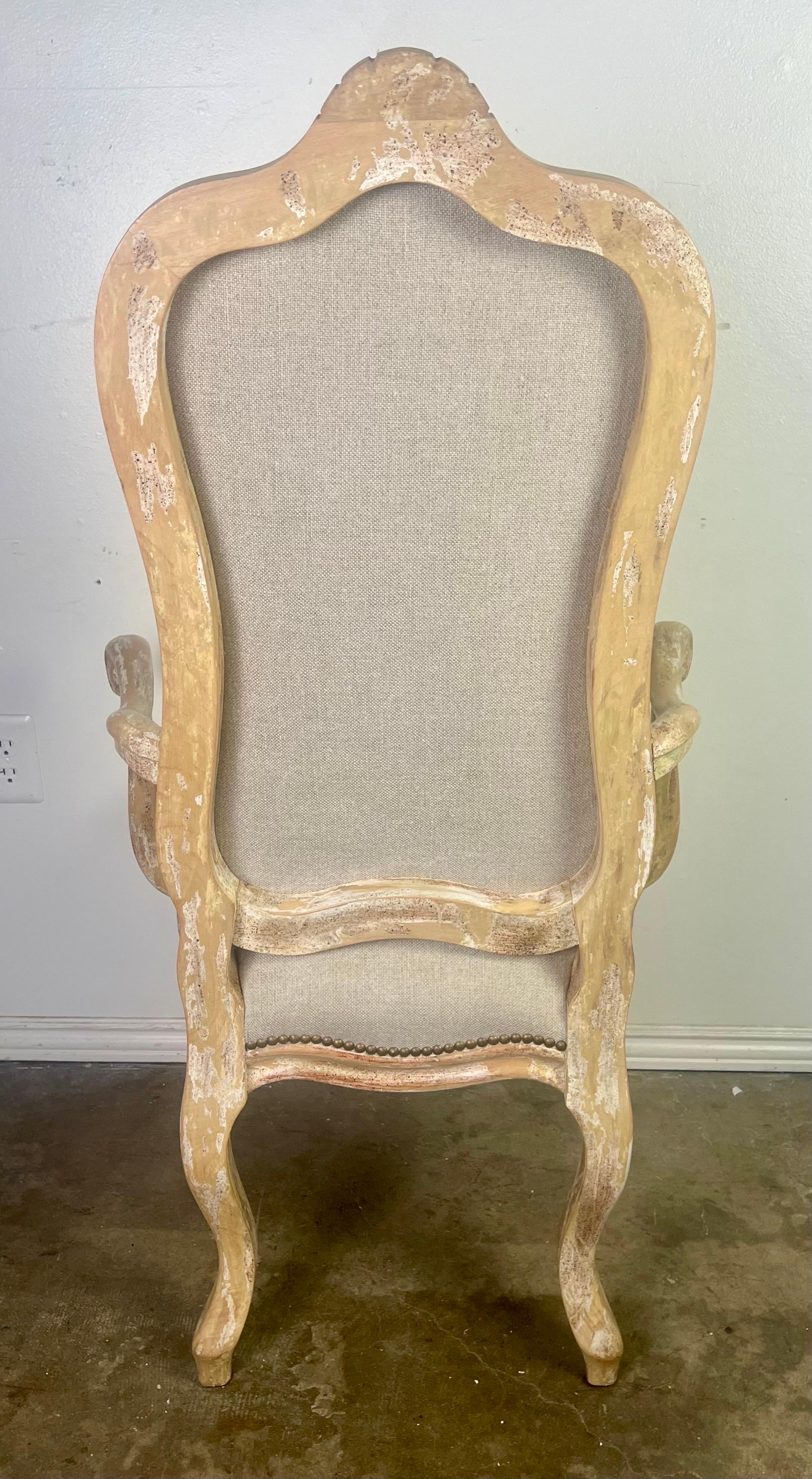 Set of Eight French Louis XV Style Dining Chairs w/ Belgium Linen Upholstery For Sale 11
