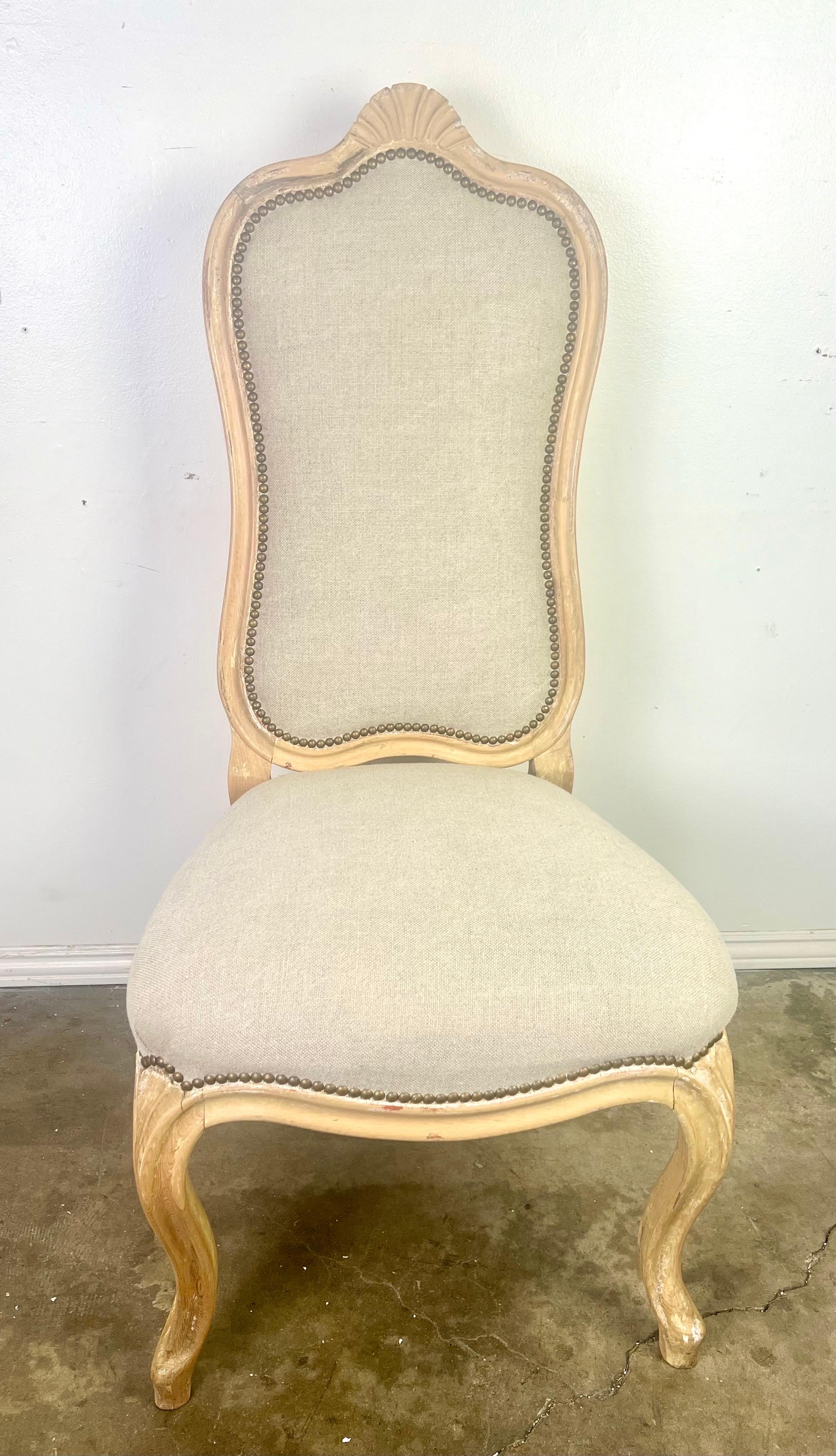 Set of Eight French Louis XV Style Dining Chairs w/ Belgium Linen Upholstery For Sale 15