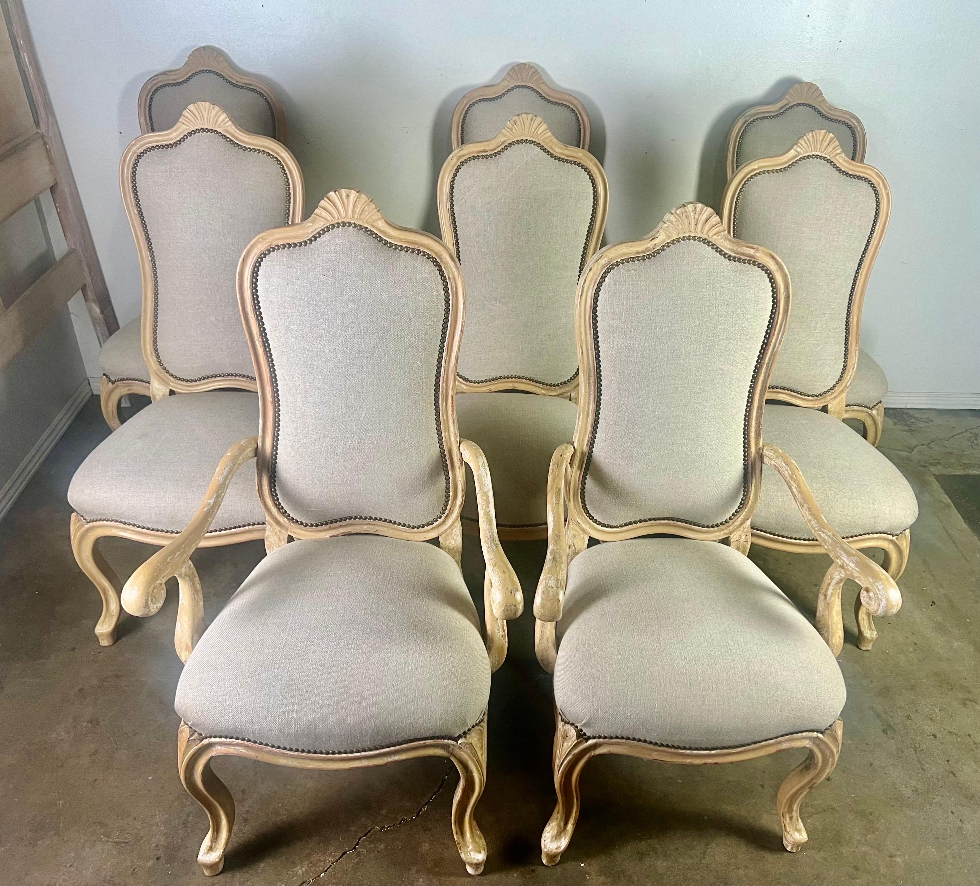 Set of Eight French Louis XV Style Dining Chairs w/ Belgium Linen Upholstery In Distressed Condition For Sale In Los Angeles, CA
