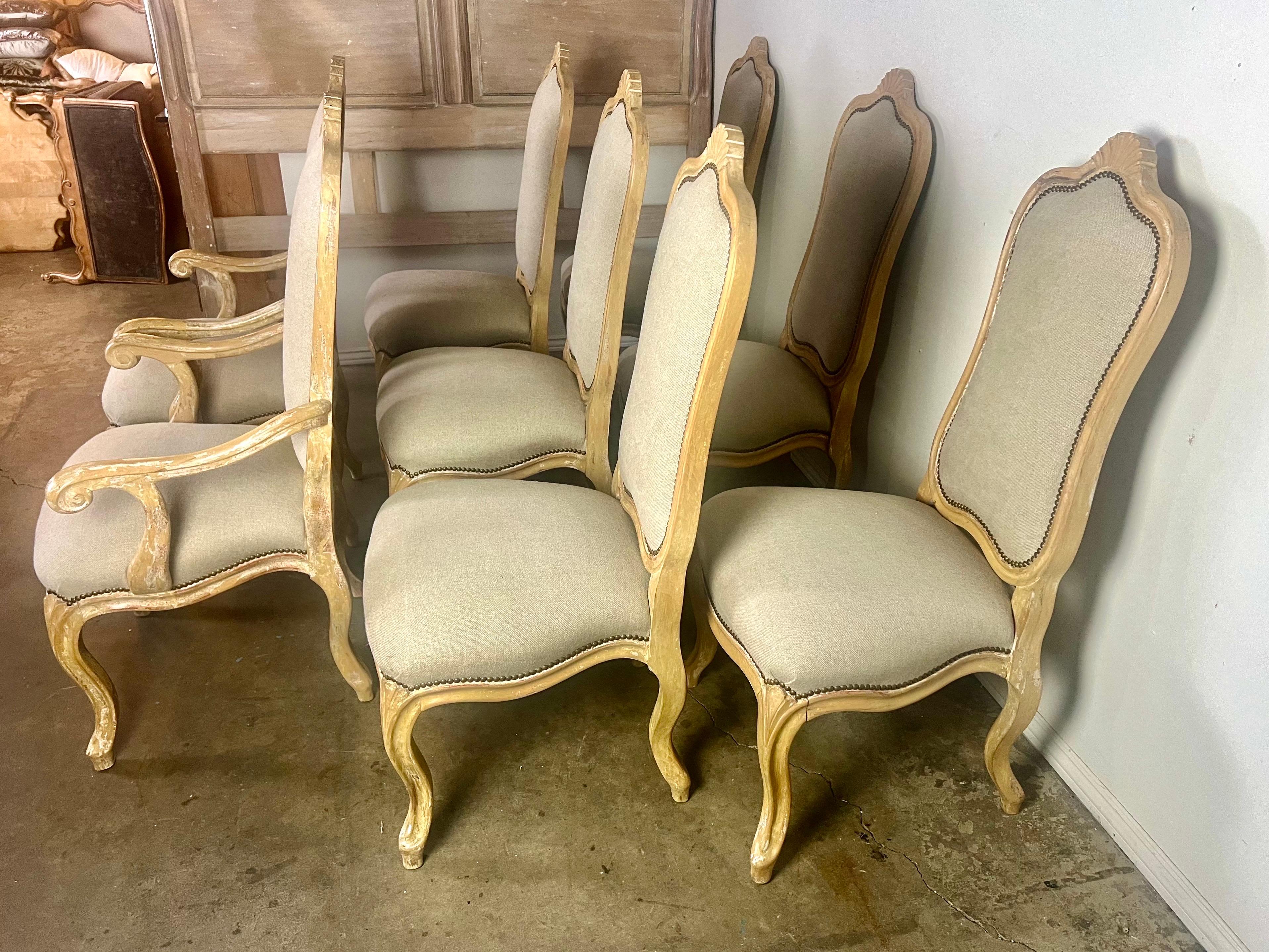 Set of Eight French Louis XV Style Dining Chairs w/ Belgium Linen Upholstery For Sale 2