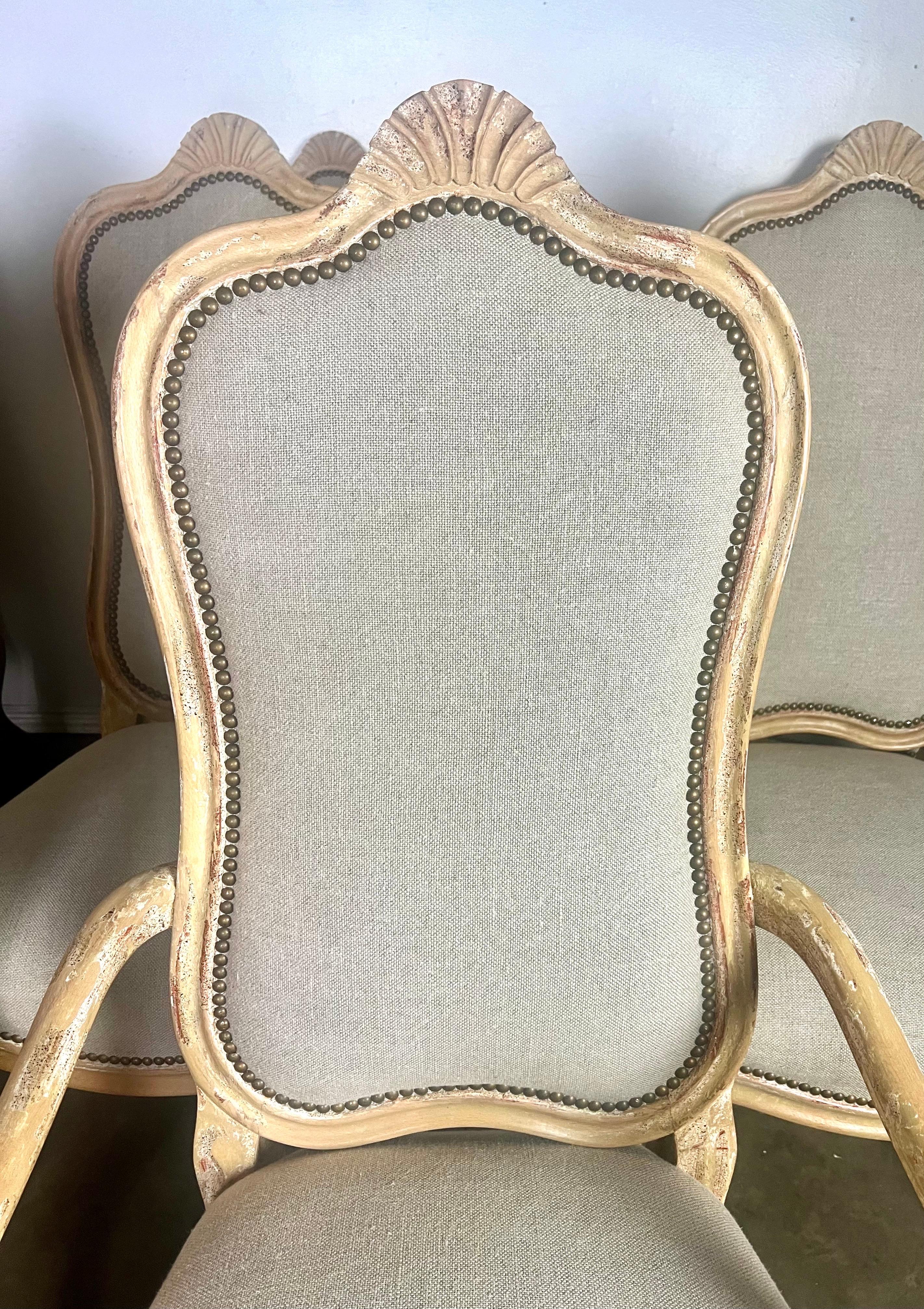 Set of Eight French Louis XV Style Dining Chairs w/ Belgium Linen Upholstery For Sale 3