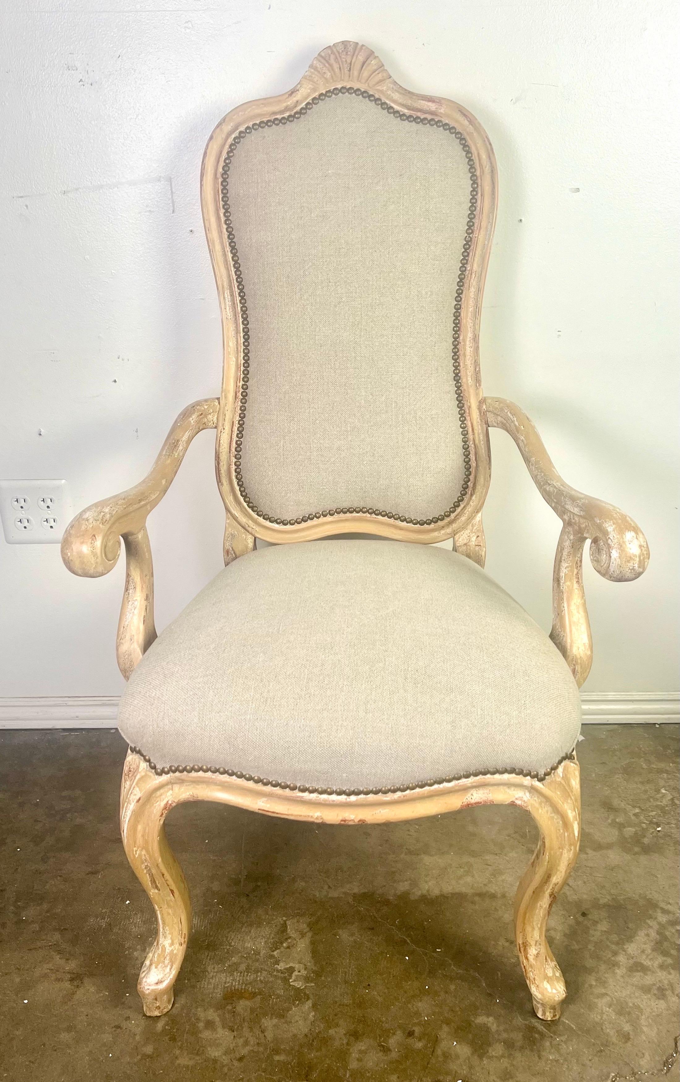 Set of Eight French Louis XV Style Dining Chairs w/ Belgium Linen Upholstery For Sale 5