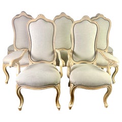Set of Eight French Louis XV Style Dining Chairs w/ Belgium Linen Upholstery