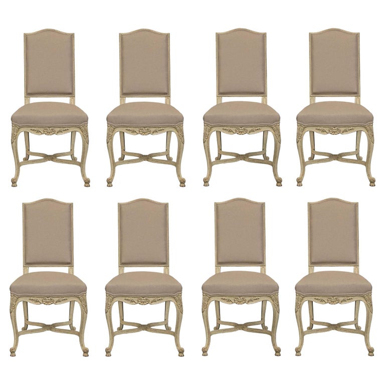 Set of Eight French Louis XV Style Patinated Dining Chairs For Sale