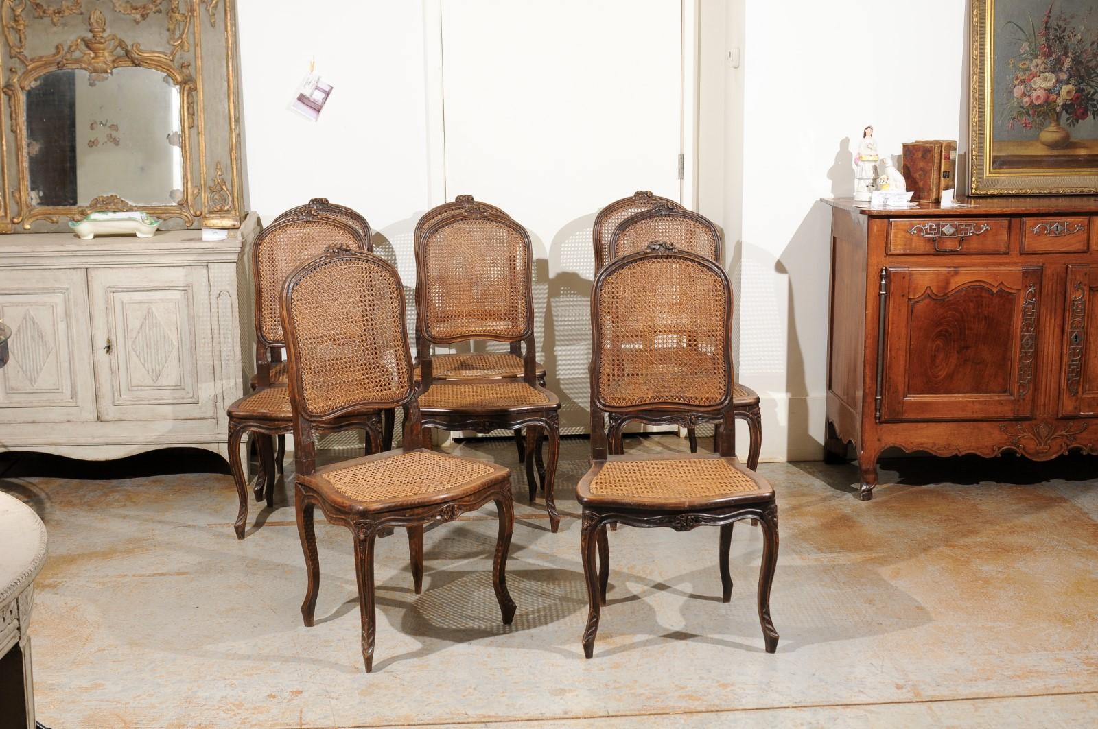 Set of Eight French Louis XV Style Walnut Side Chairs with Cane Seats and Backs In Good Condition In Atlanta, GA