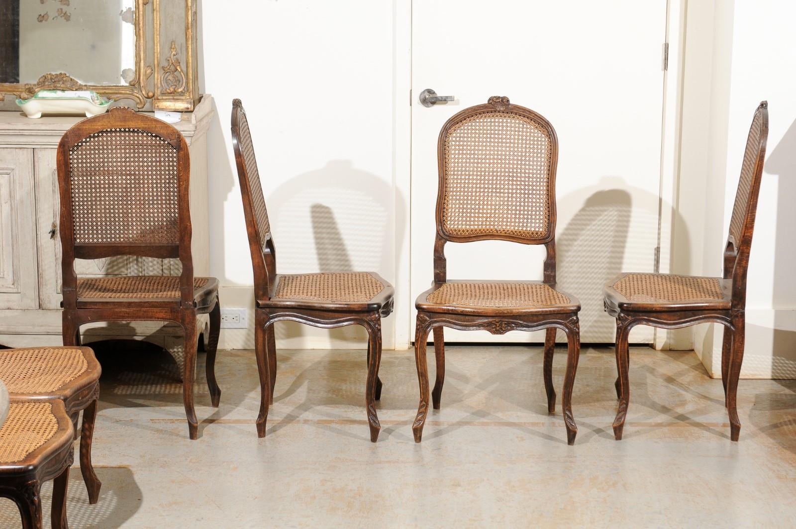 19th Century Set of Eight French Louis XV Style Walnut Side Chairs with Cane Seats and Backs