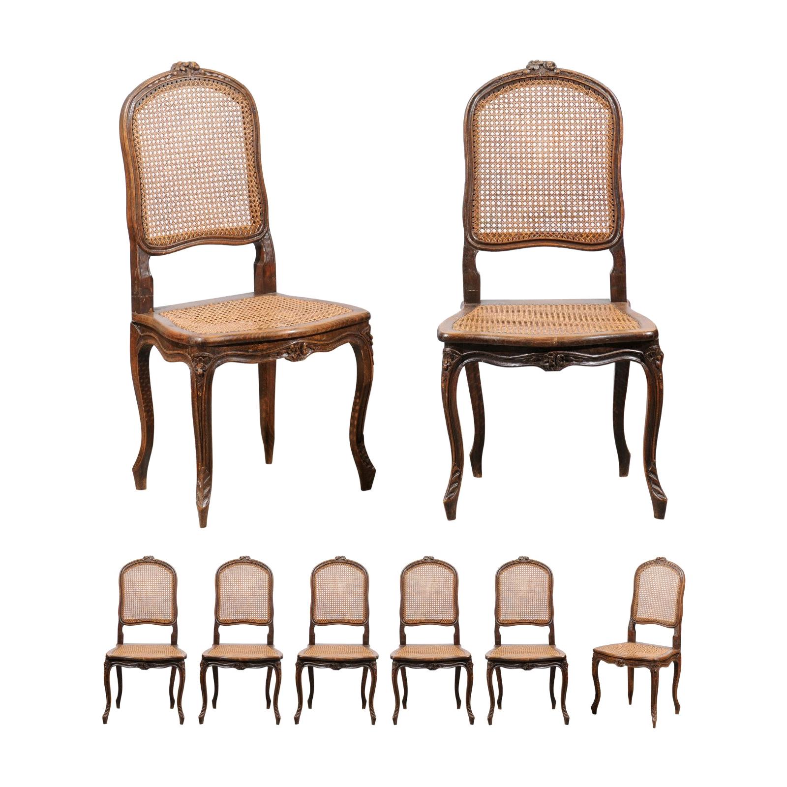 Set of Eight French Louis XV Style Walnut Side Chairs with Cane Seats and Backs