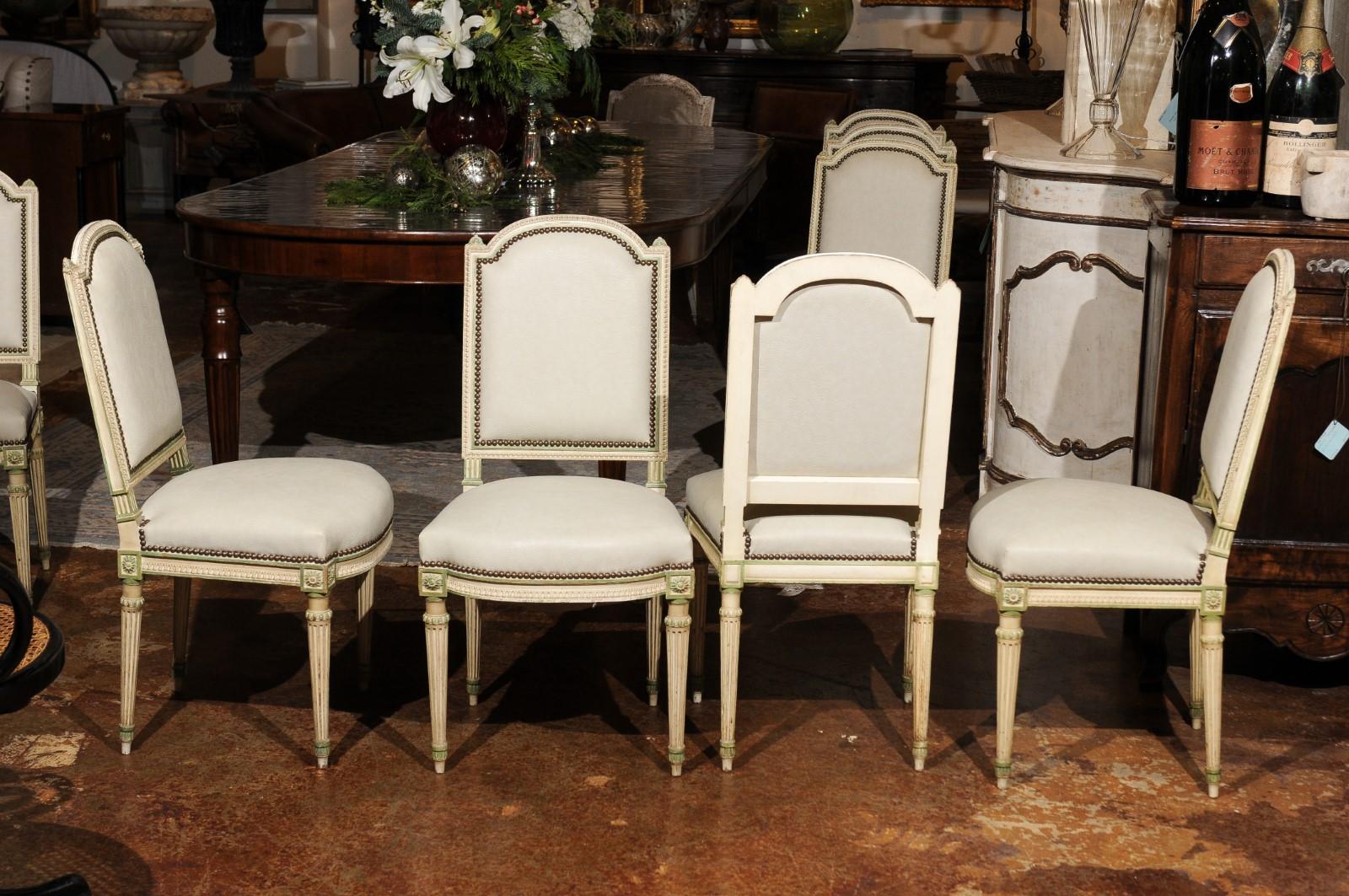 Set of Eight French Louis XVI Style Painted Dining Chairs with New Upholstery 6