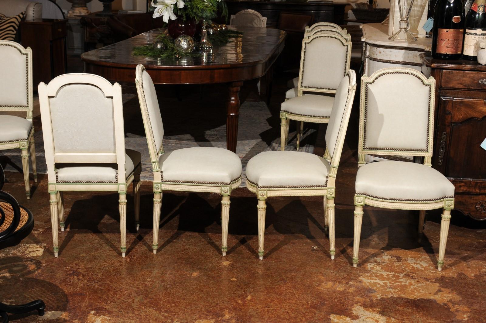 Set of Eight French Louis XVI Style Painted Dining Chairs with New Upholstery 7