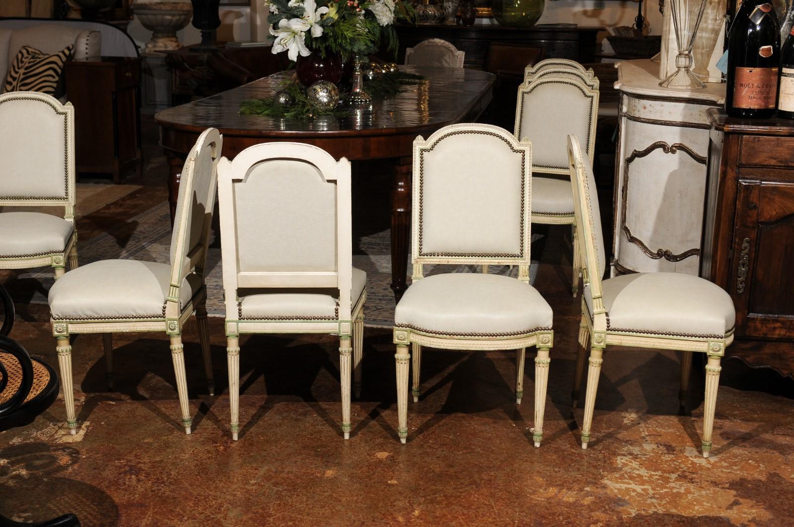 Set of Eight French Louis XVI Style Painted Dining Chairs with New Upholstery 9